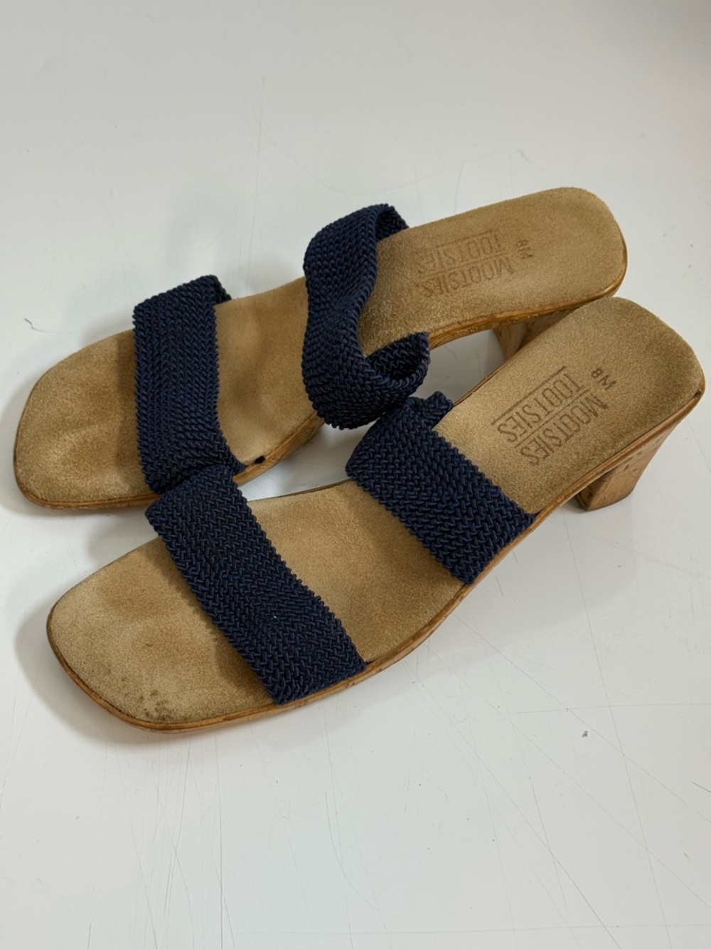 Vintage Mootsies Tootsies Navy Braided Stretch Wedge Sandals Size 8 Boho 90s